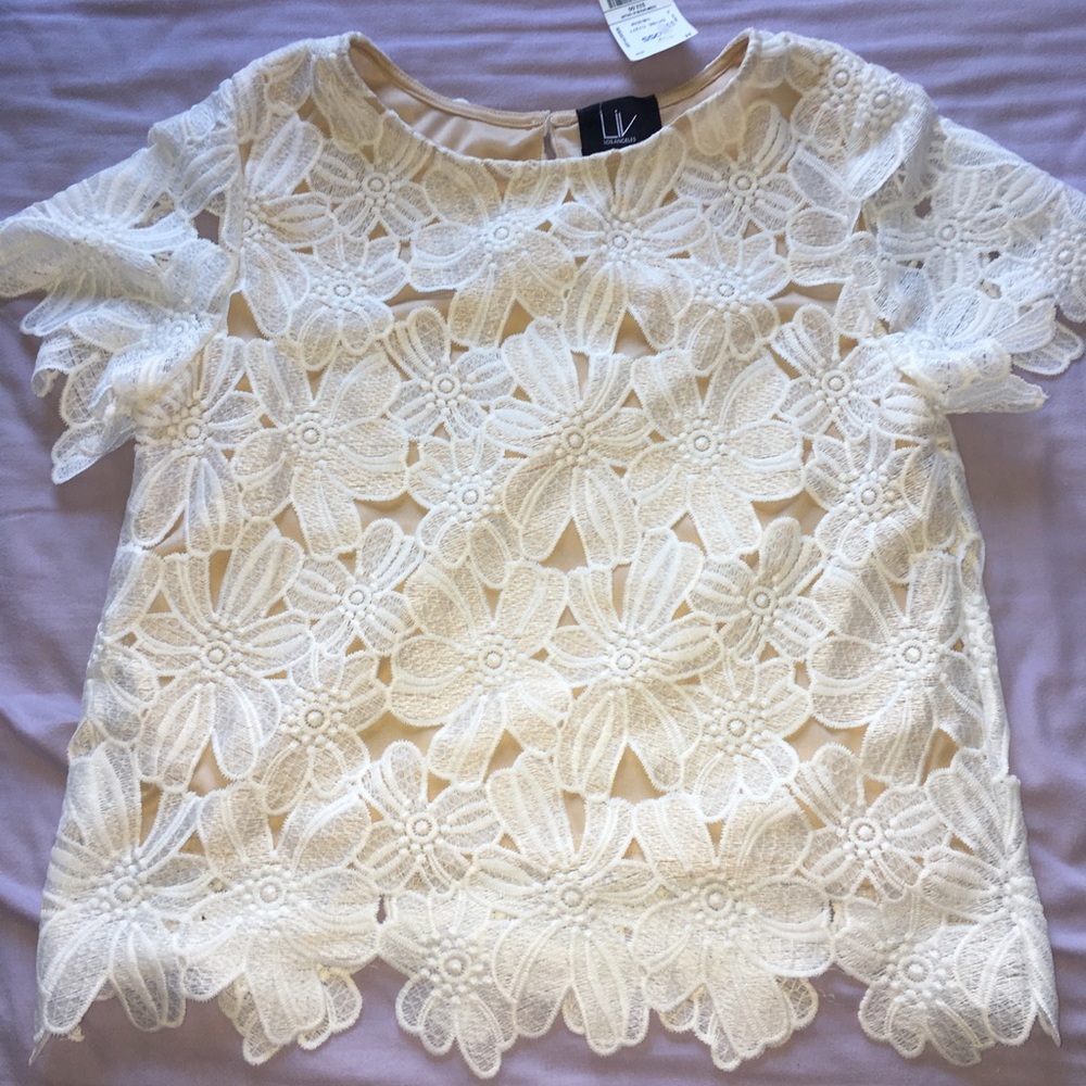 White & Tan Flower Lace Top
