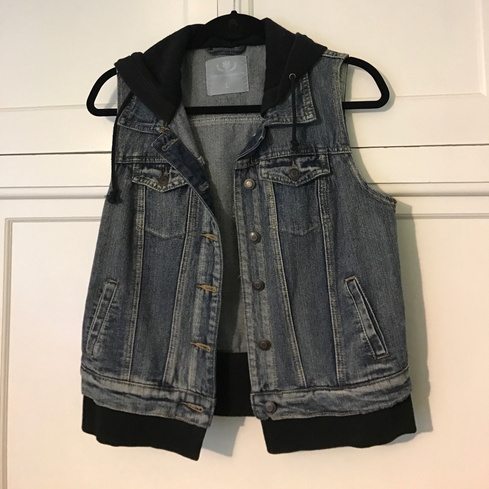Jean vest with attached black sweater shirt hood!!