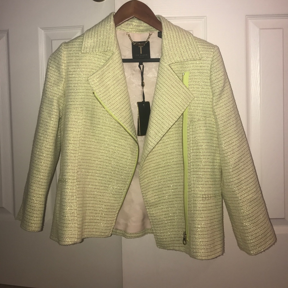 Ted Baker Yellow Cropped Boucle Biker Jacket Sz 2 - Picture 6 of 8