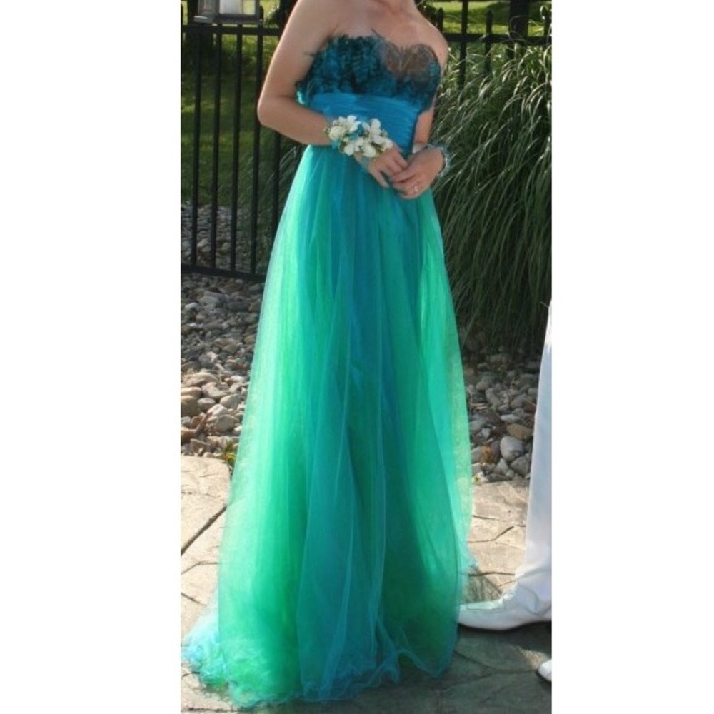 Strapless blue/green feather prom dress