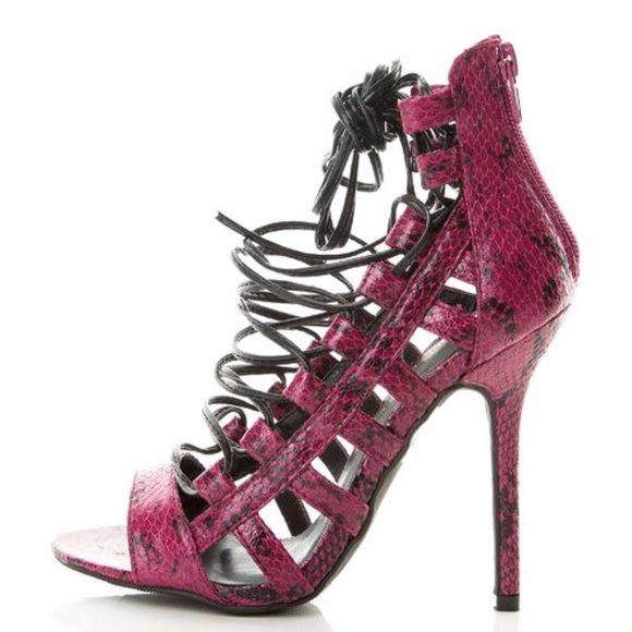 Fuchsia  Snake Lace up Open toe Stiletto - Picture 3 of 4