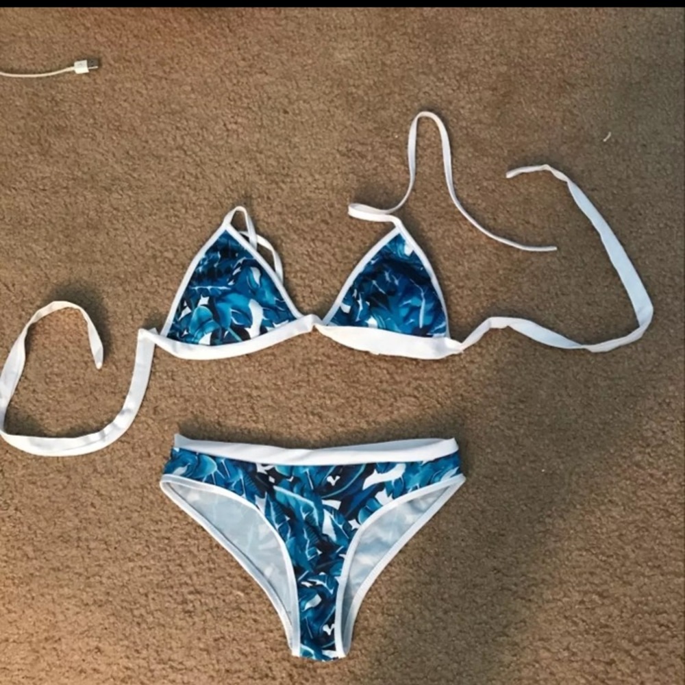 two piece white and blue bathing suit