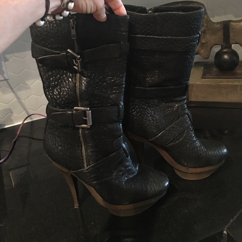 Black Mid-Calf Pebble Grain Leather Boots w Heel