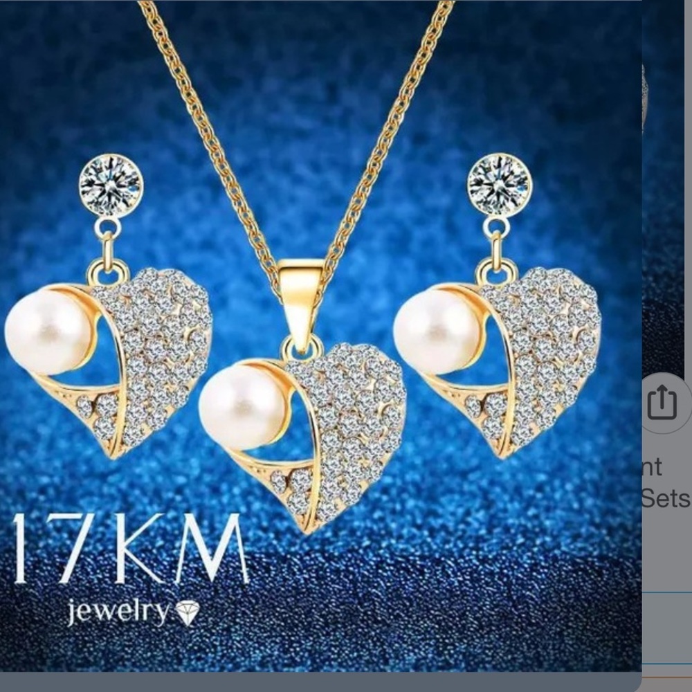New golden heart pearls necklace earrings set