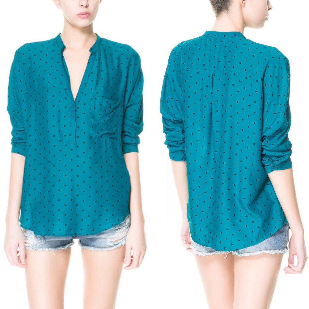 🆕 zara blue button down w/black polka dots