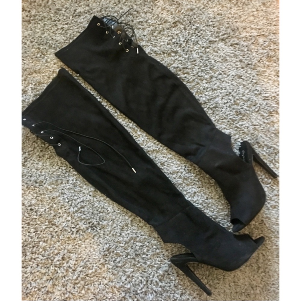 Over the knee/open toe/ black high heel