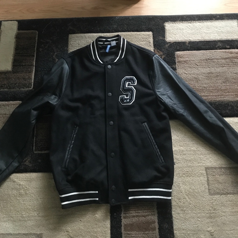 varsity jacket with faux leather sleeve