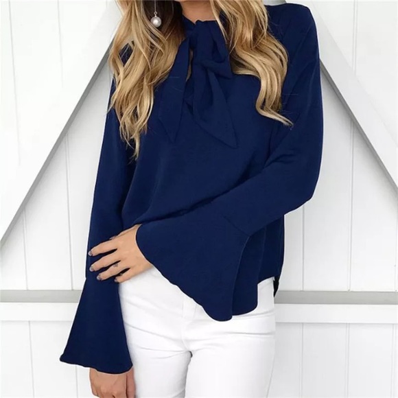 Sophisticated Long sleeve blouse w/front bow tie - Picture 2 of 8