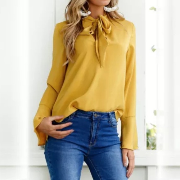 Sophisticated Long sleeve blouse w/front bow tie - Picture 3 of 8