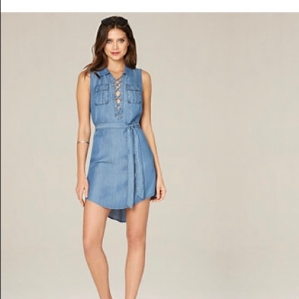 Bebe sleeveless lace up denim mini dress XXS