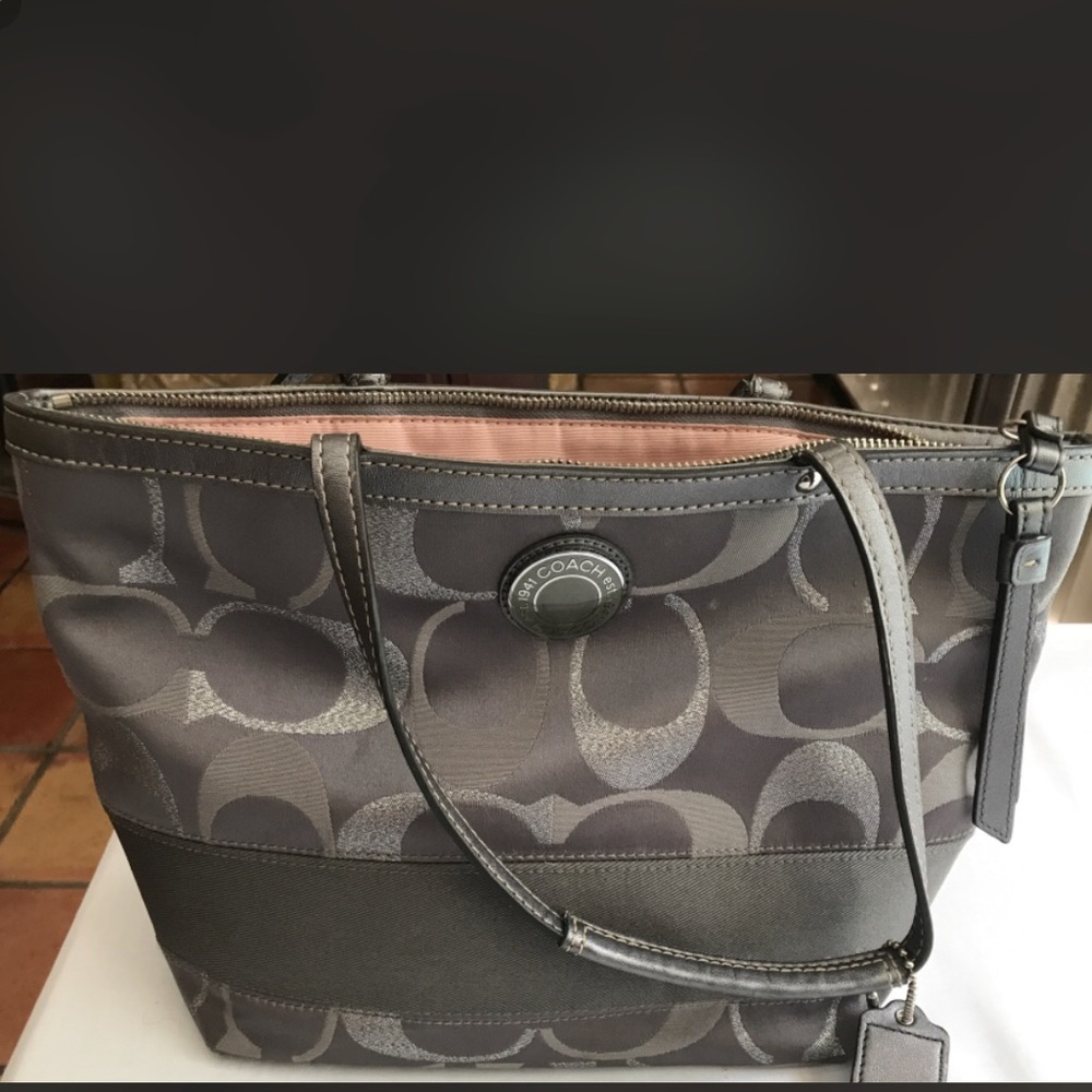 Metallic grey monogram coach tote bag