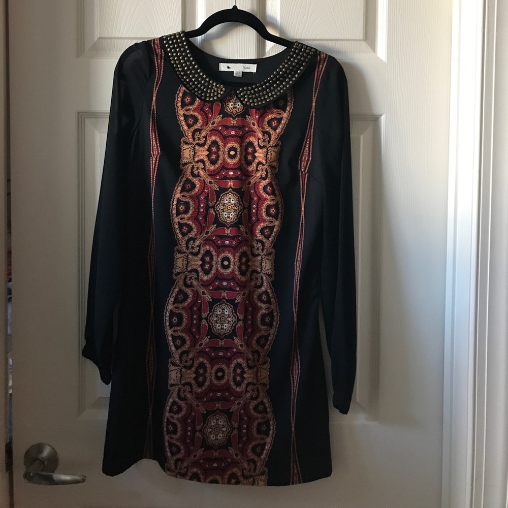 Shift dress with sheer sleeves and studded collar