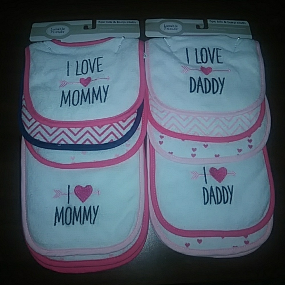 2 five pc girl bib and burp cloth sets