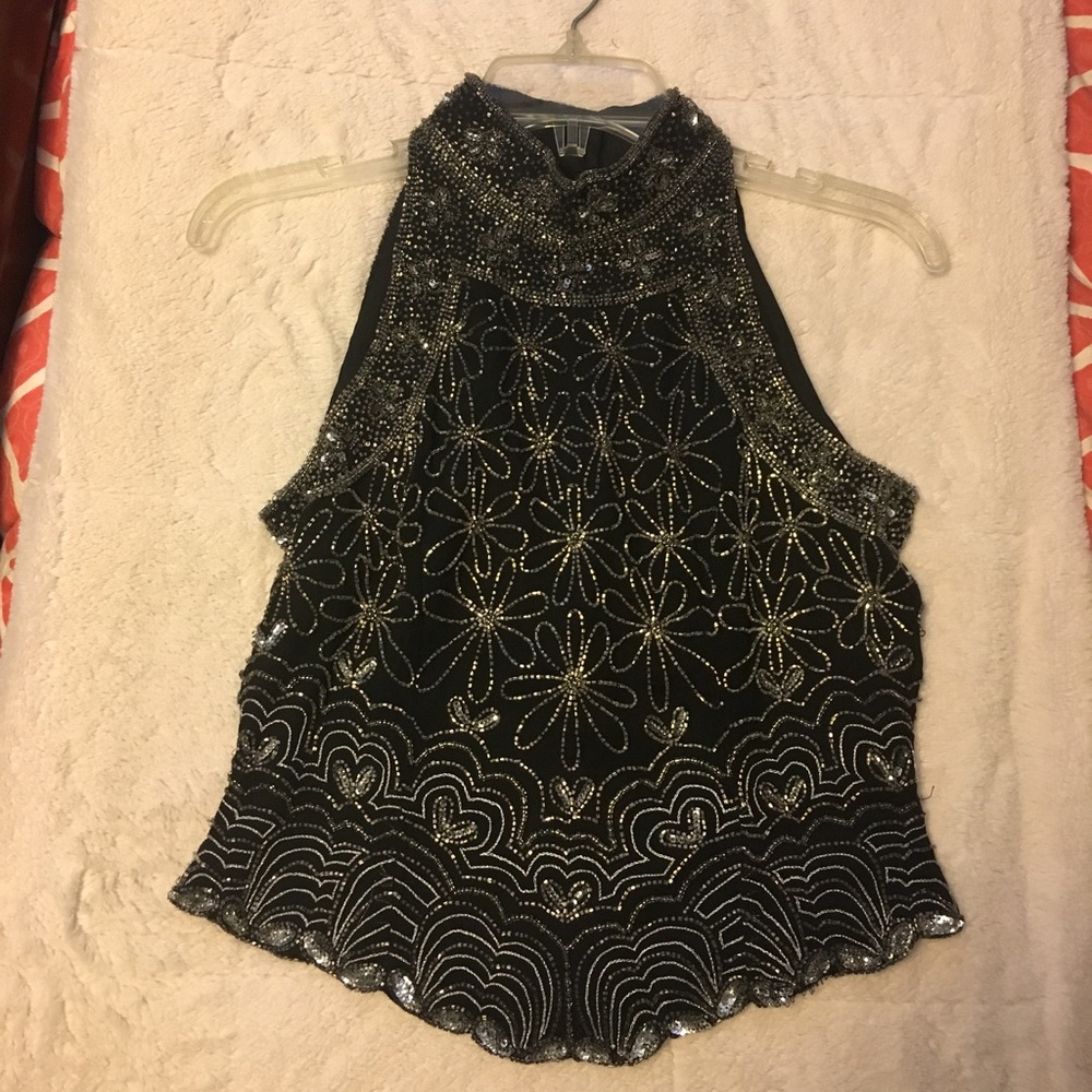 100% Silk black silver Beaded Turtleneck Crop Top