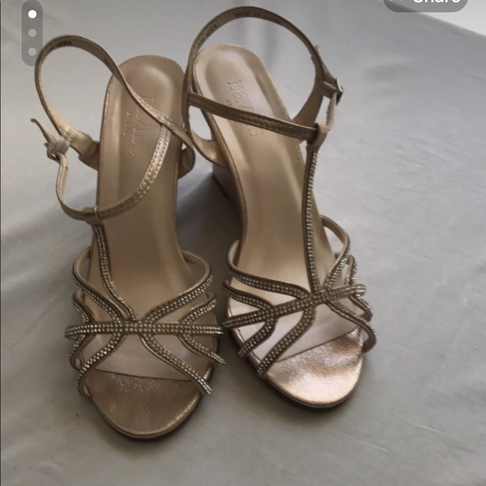 Gold open toe wedges