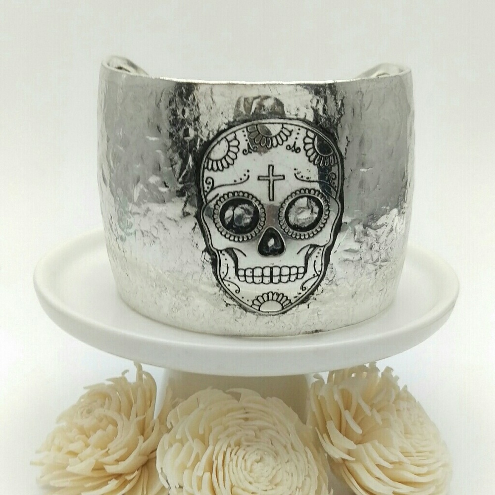Rhinestone Accented Silver Sugar Skull Cuff