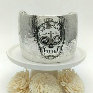 Rhinestone Accented Silver Sugar Skull Cuff