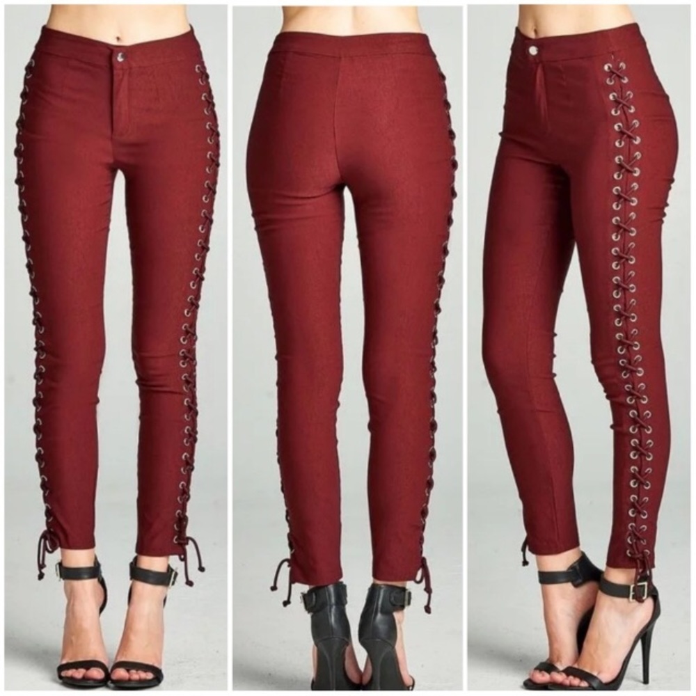 NWT Burgundy Side Lace Up Leggings - Picture 2 of 2