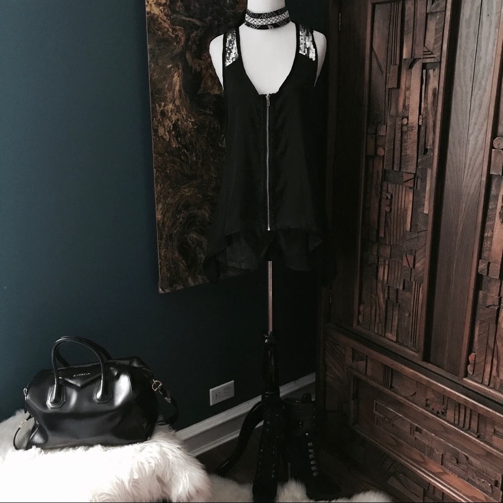 Silky Black Zipper Tunic Top