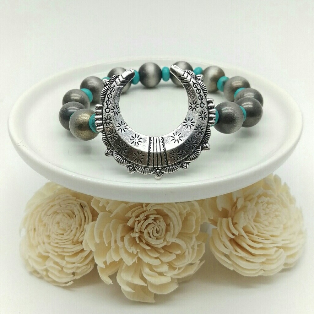 Silver Wood Beaded Crescent Moon Stretch Bracelet