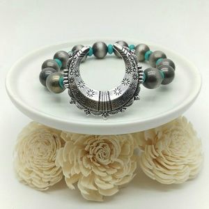 Silver Wood Beaded Crescent Moon Stretch Bracelet