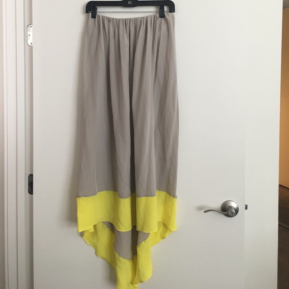 Silk khaki and yellow strapless dress