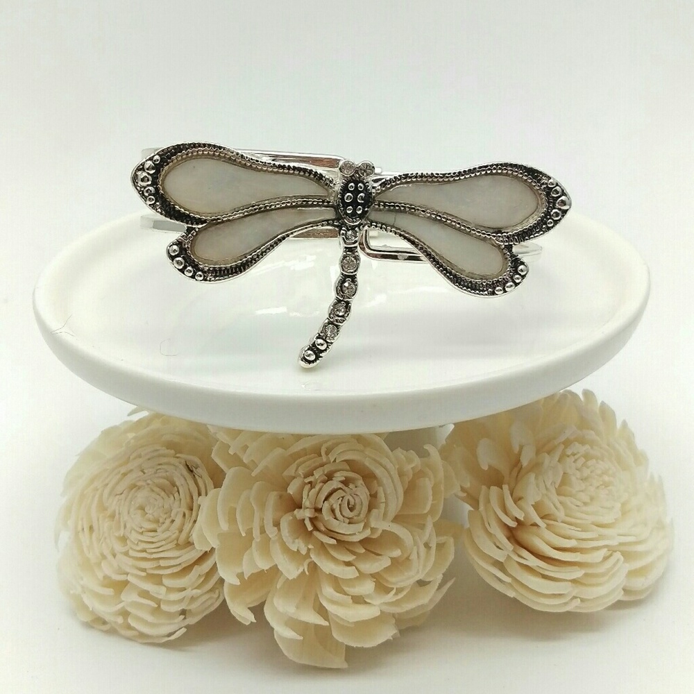 Rhinestone Accented Silver & Pearl Dragonfly Cuff