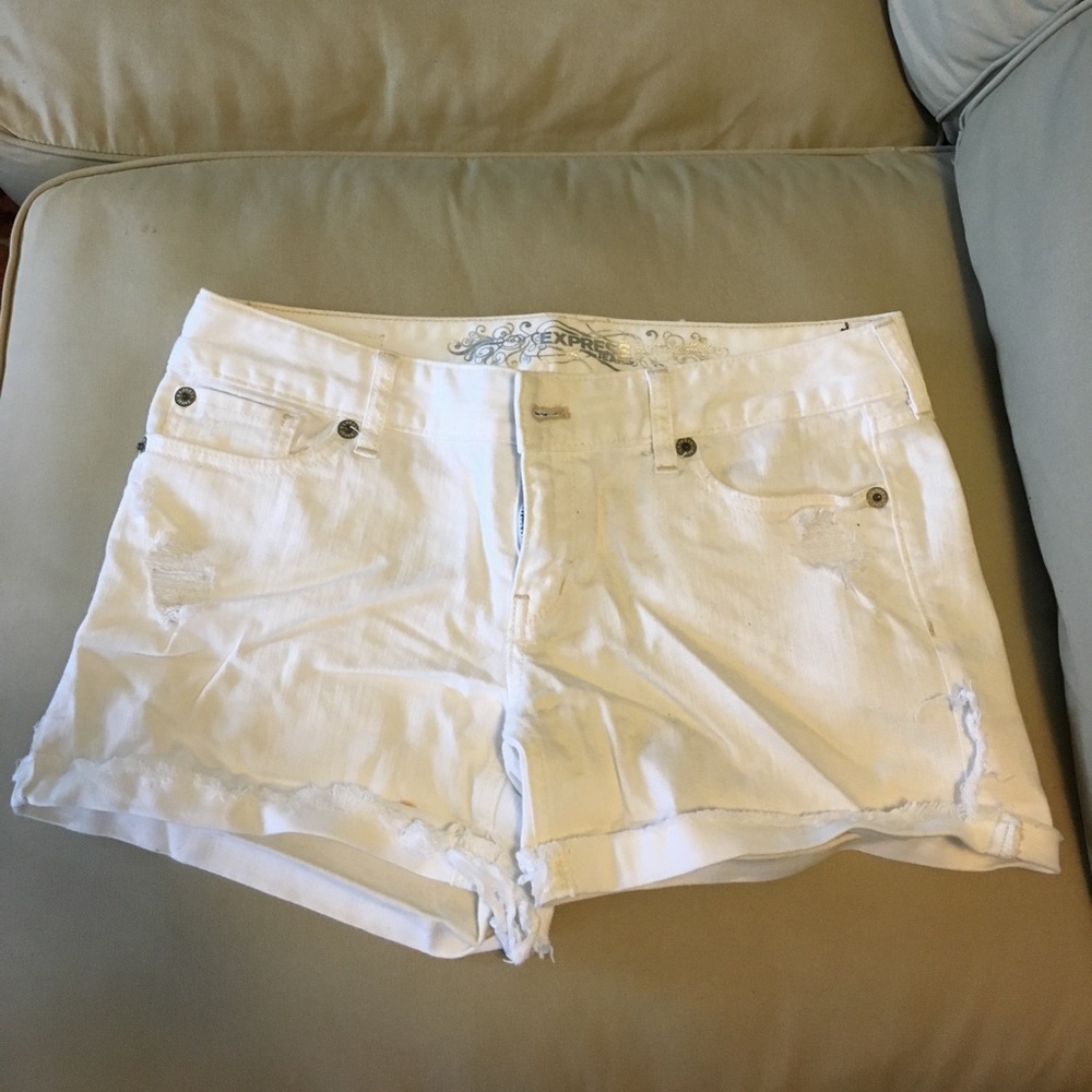 Express white distressed jean shorts
