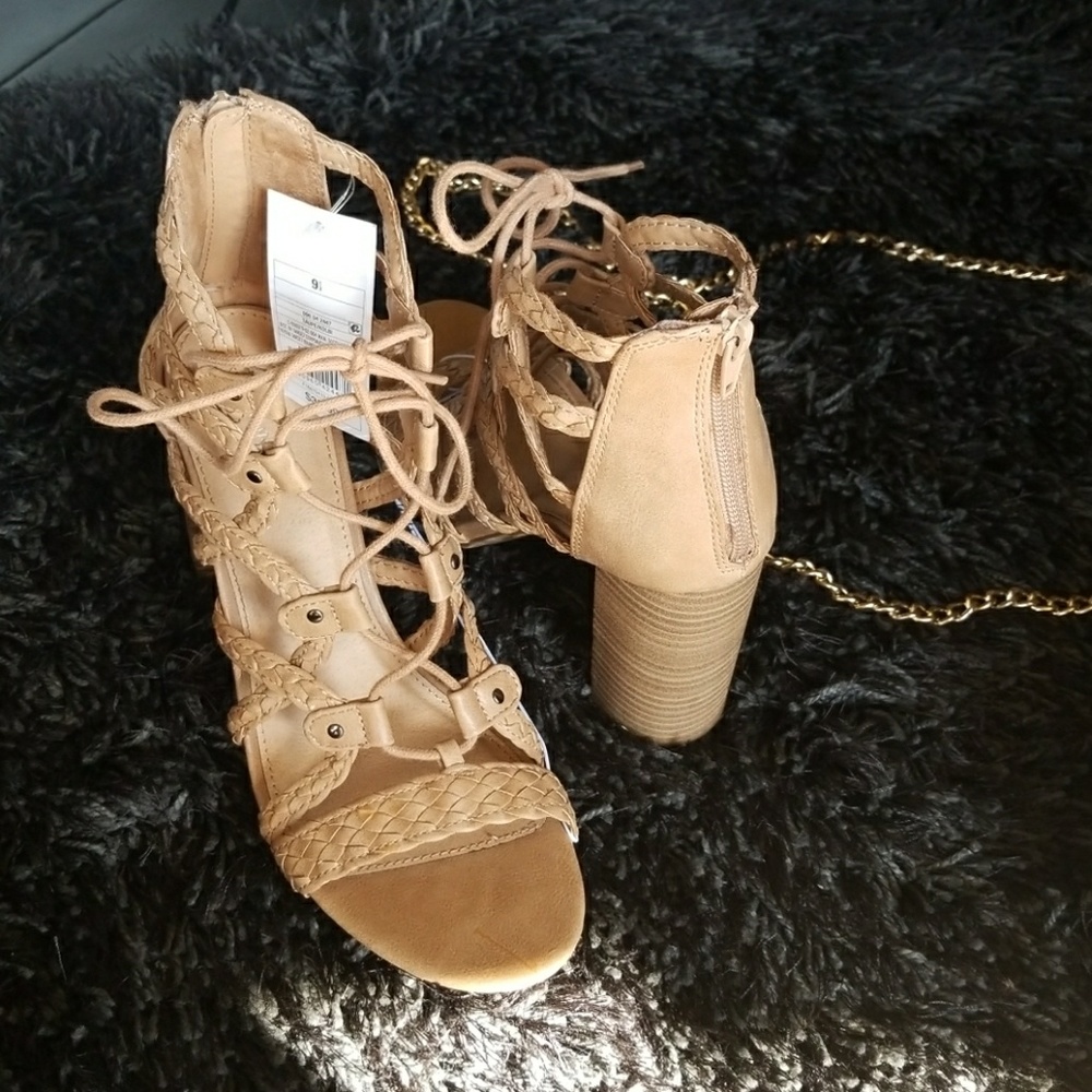 Chunky lace up heels with braided detail