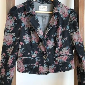 FREE PEOPLE FLORAL Black Denim Jacket Blazer 6