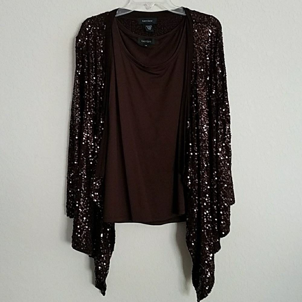 Karen Kane Brown Cardigan with tank top.