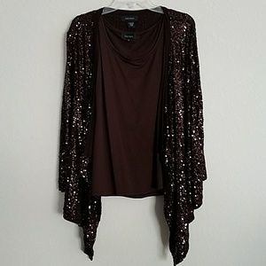 Karen Kane Brown Cardigan with tank top.
