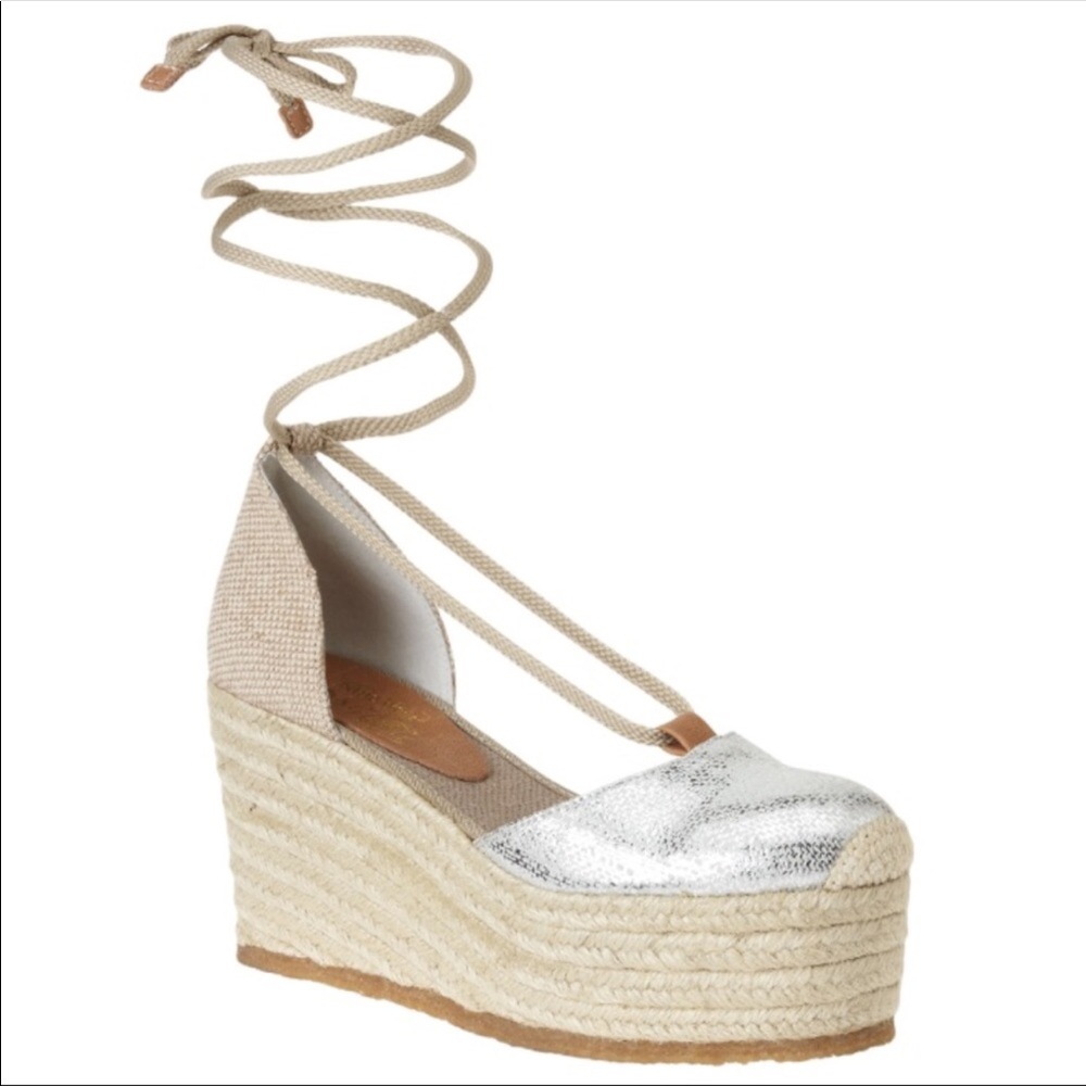 Silver Metallic Lace Nine West Platformed Wedges