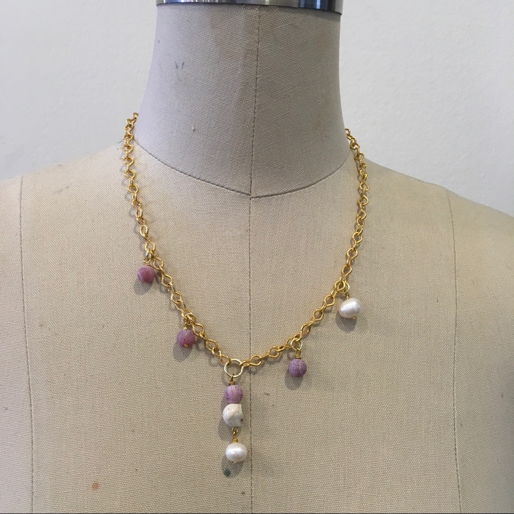 Agate, Pearl & Howlite Detail Chain Necklace NEW
