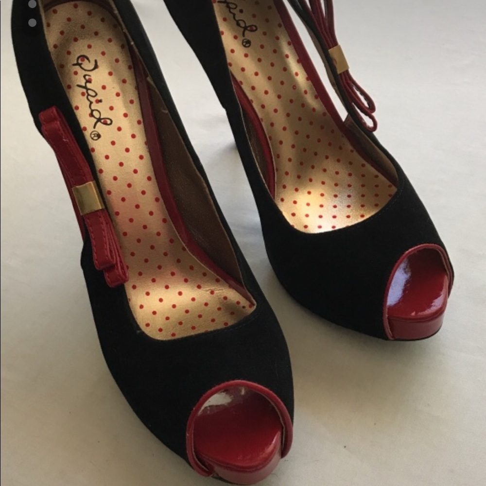 Black and red peep toe heels