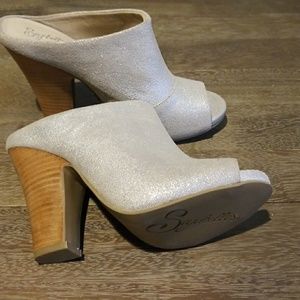 Metallic open toe booties