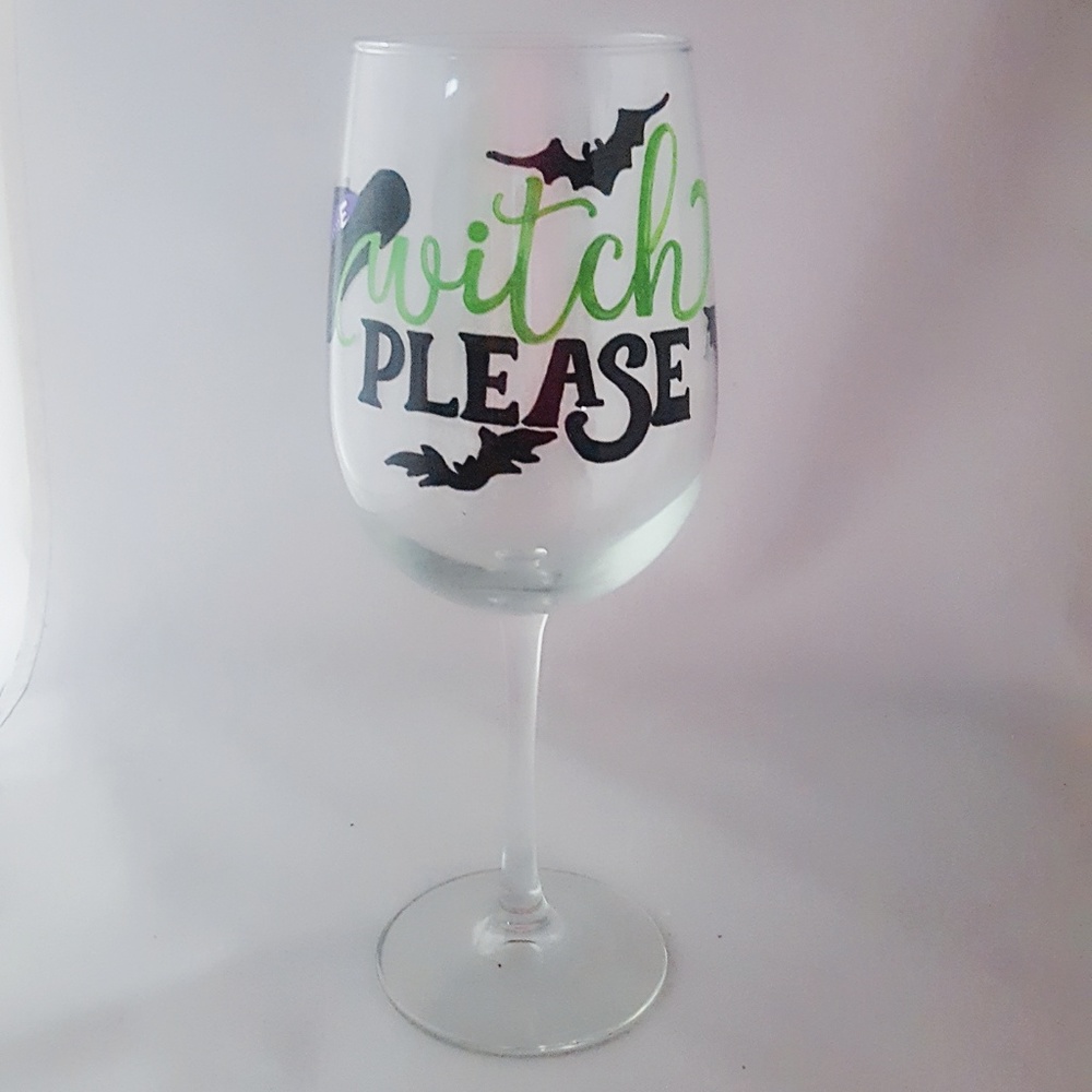 "WITCH PLEASE" HAND PAINTED WINE GLASS