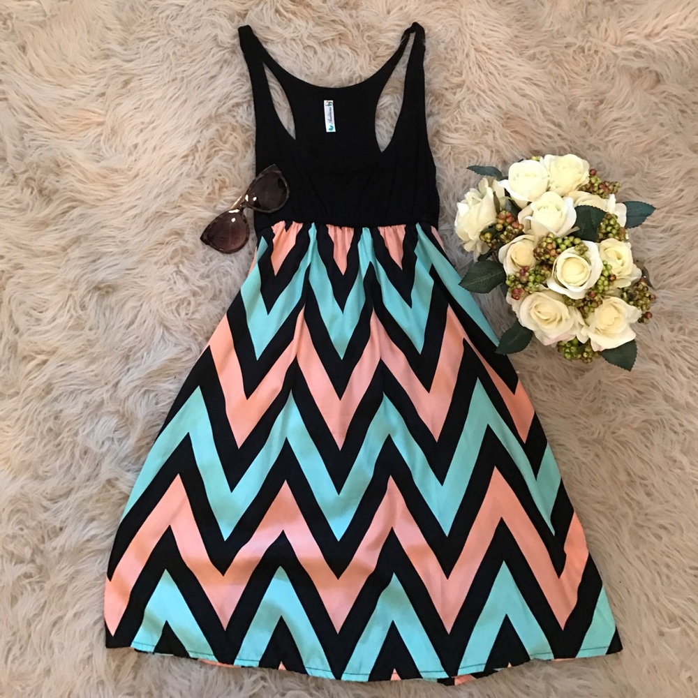 Babydoll pink, black, and blue chevron dress