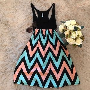 Babydoll pink, black, and blue chevron dress