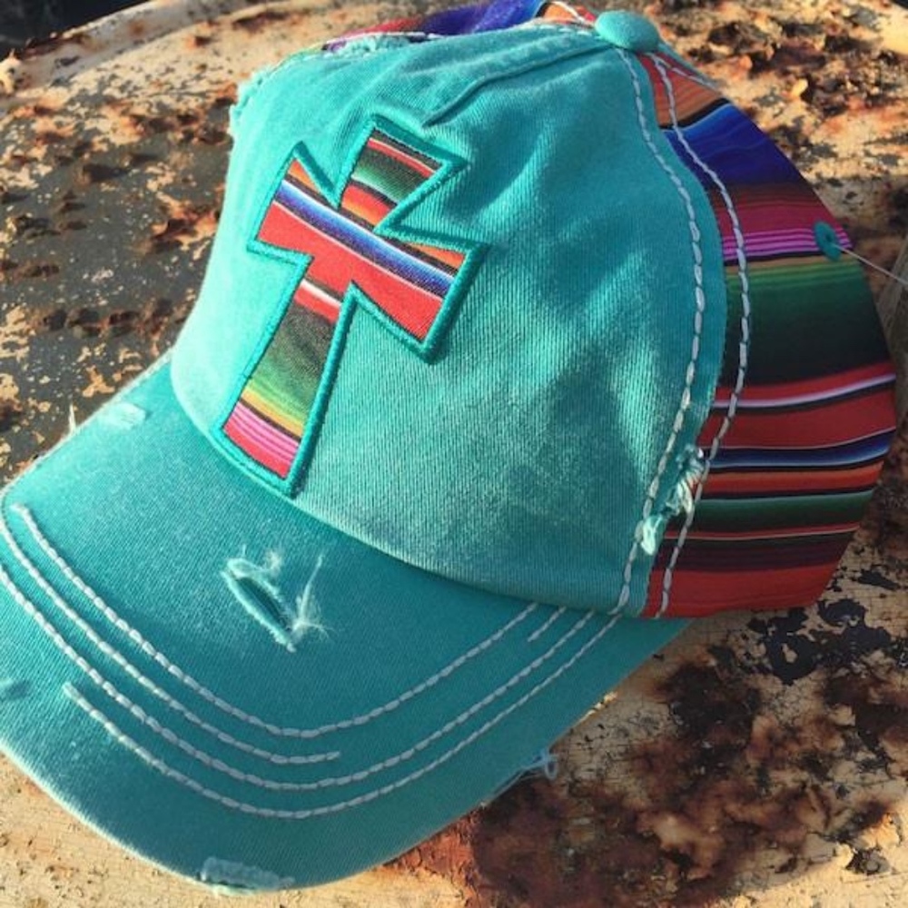 Serape Distressed Cross Hat In Turquoise