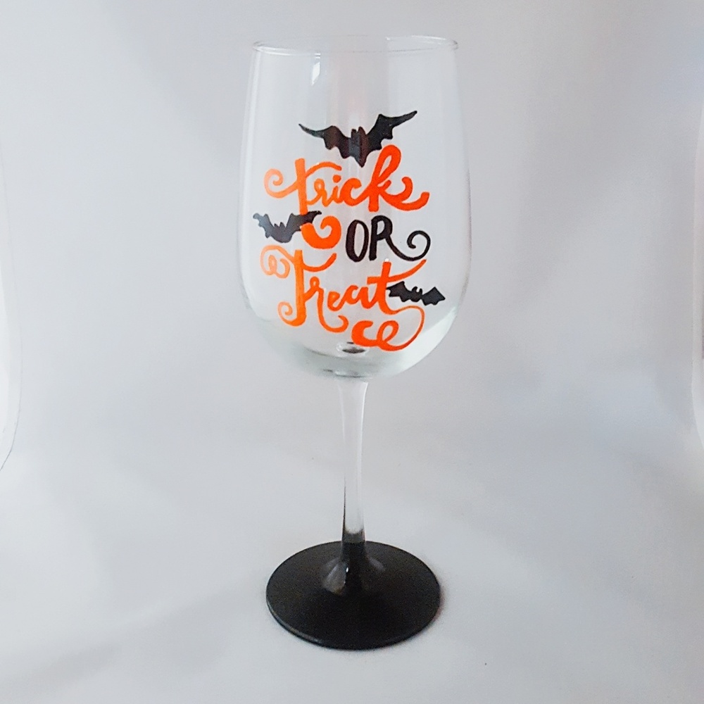 "TRICK OR TREAT" HAND PAINTED WINE GLASS