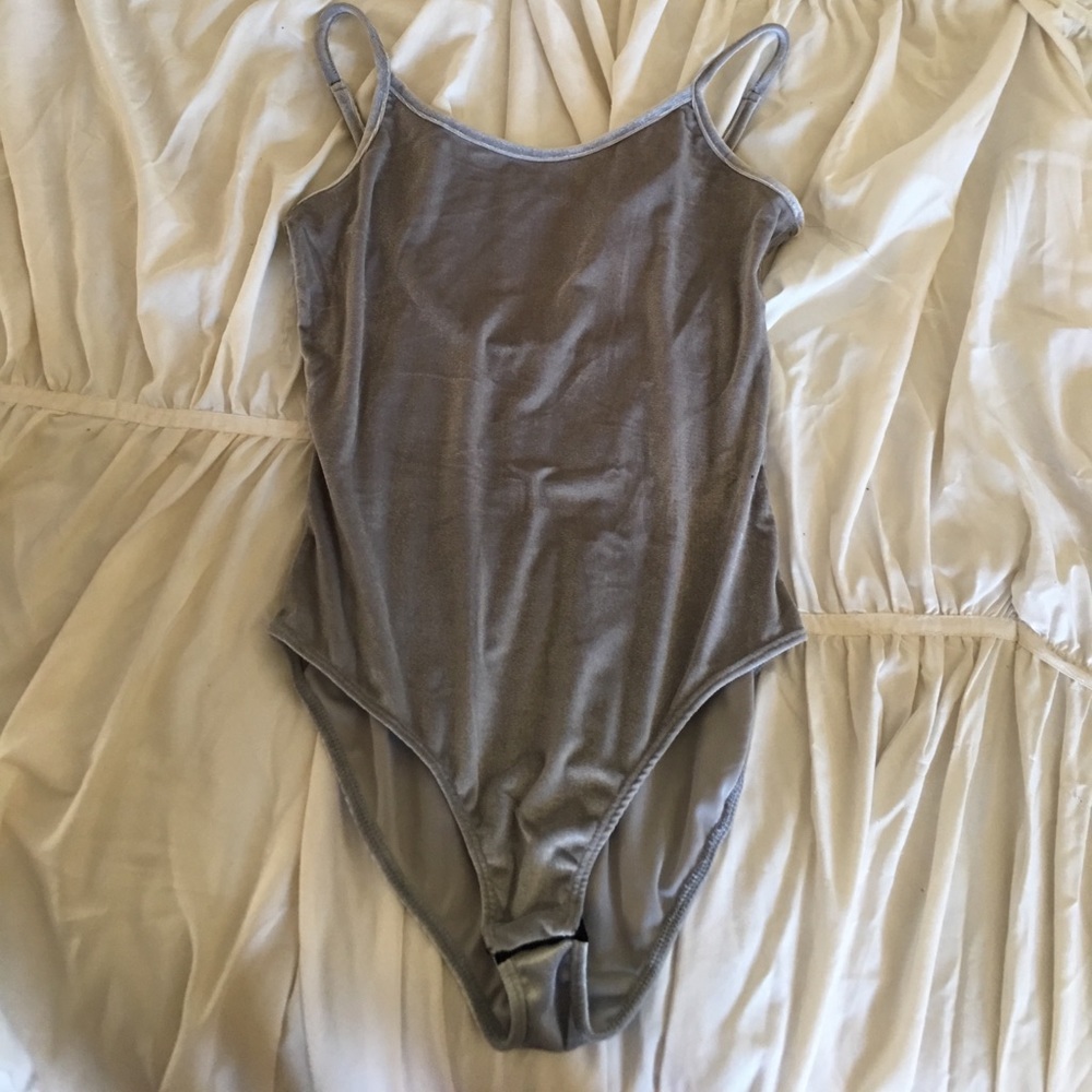 Grey velvet spaghetti strap onesie bodysuit