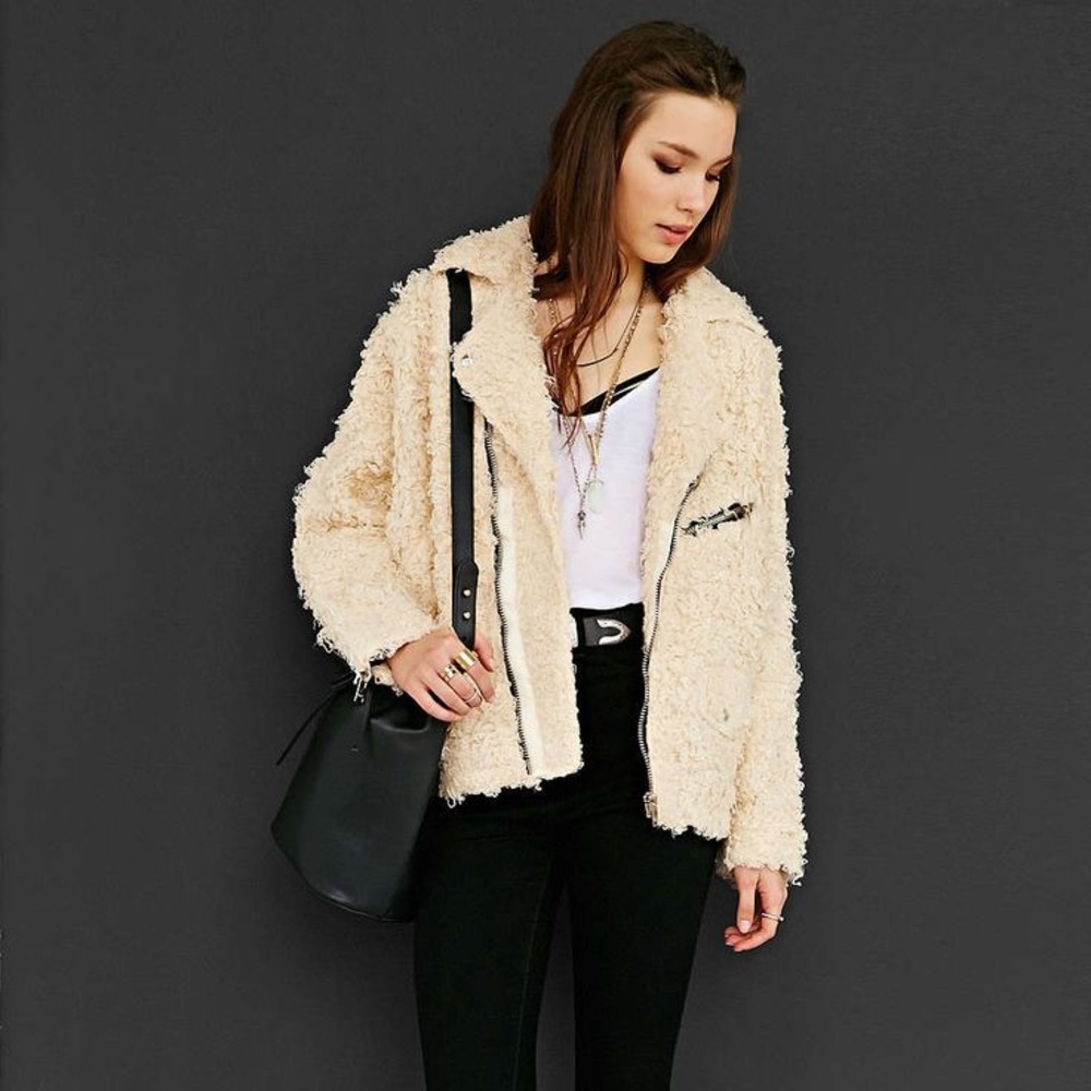 UNIF x Urban Outfitters cream fuzzy moto jacket