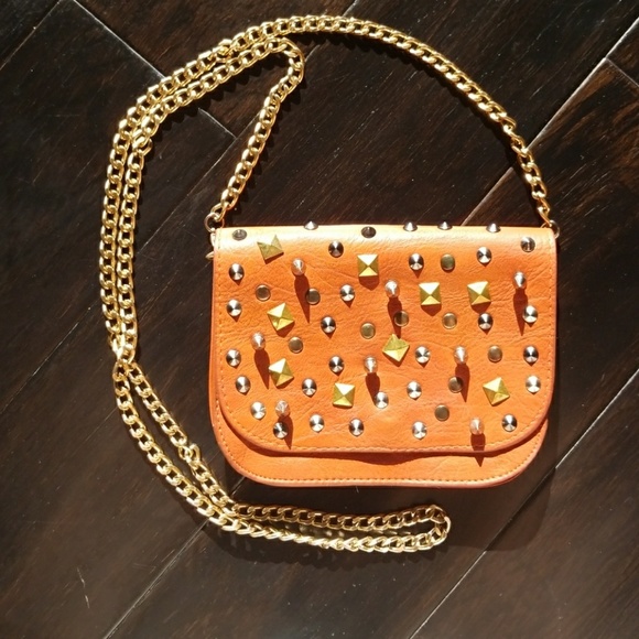 Handbags - Studded orange faux leather shoulder bag