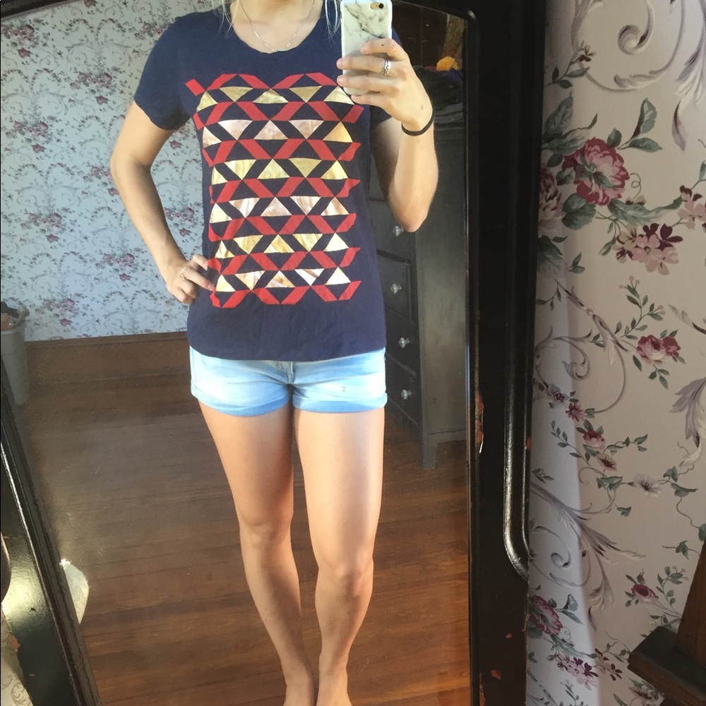 J. Crew navy t shirt with red and gold pattern