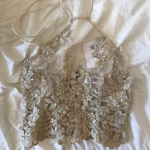 Embroidered floral gold halter top!