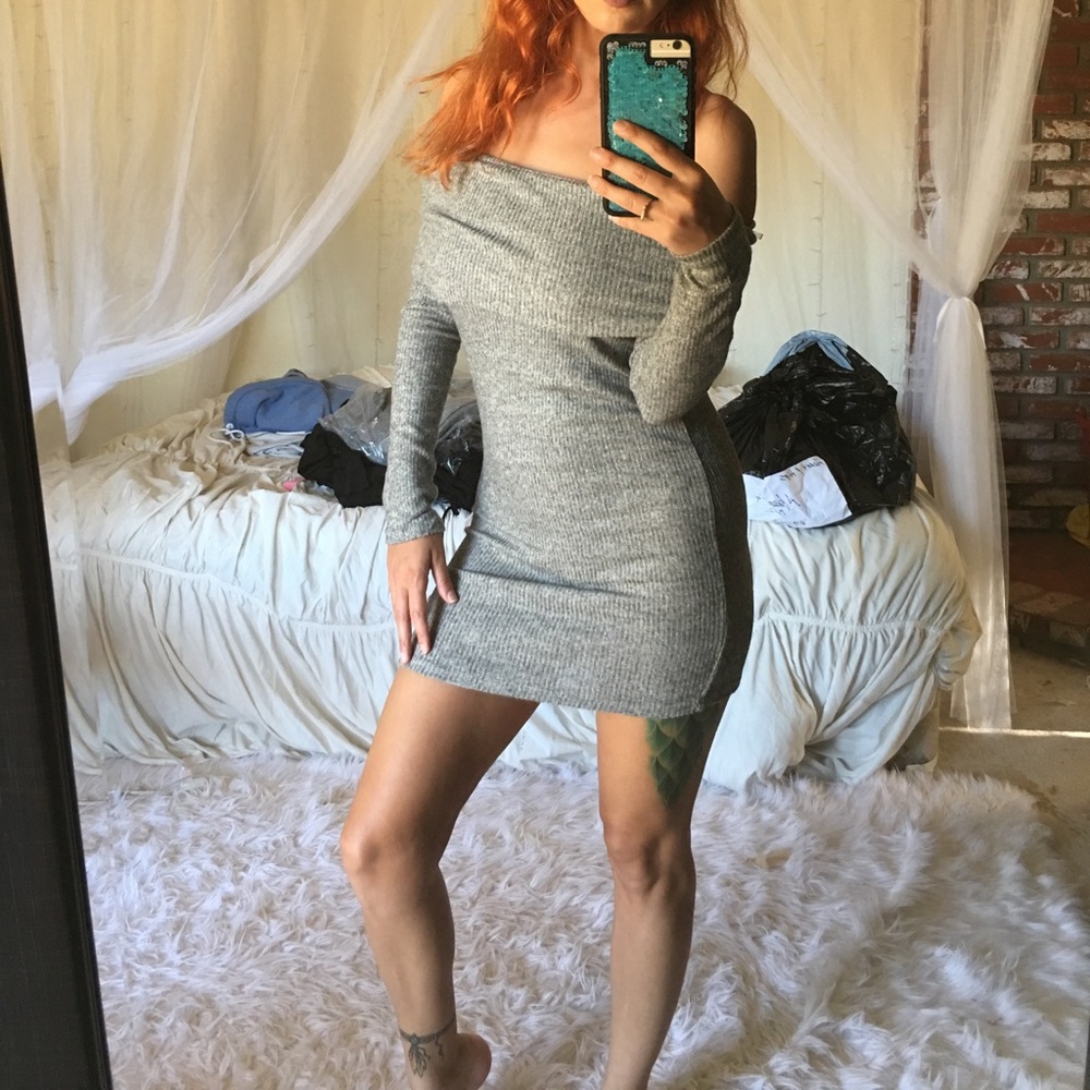 Super soft off he shoulder grey sweater dress