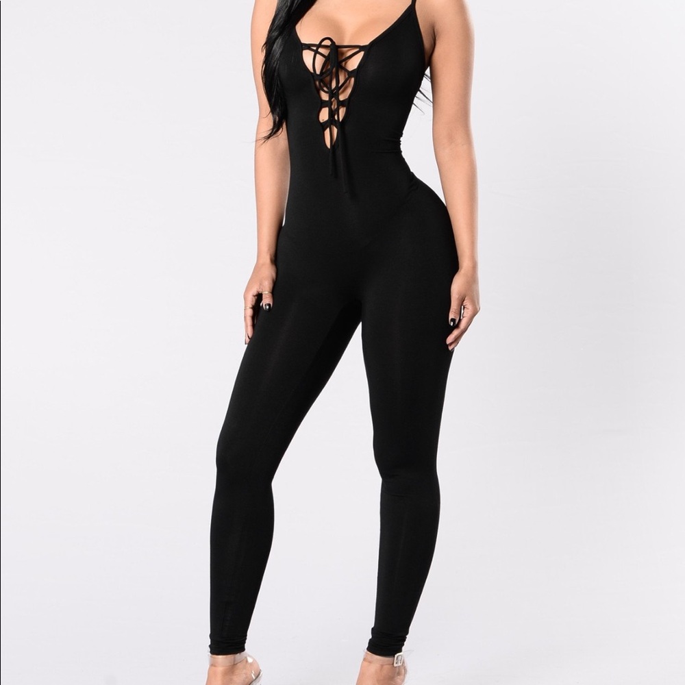 🎉 Host Pick. Straight legged black tie up catsuit