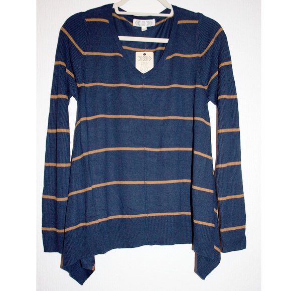 1 LEFT⚡ Navy & Gold Striped Sharkbite Sweater NWT - Picture 5 of 8