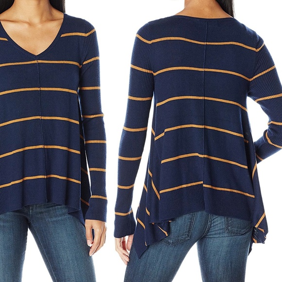 1 LEFT⚡ Navy & Gold Striped Sharkbite Sweater NWT - Picture 2 of 8